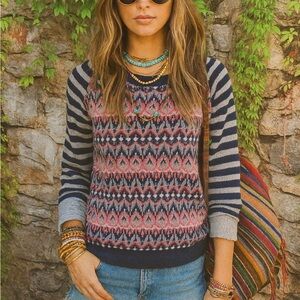 WALLACE Chevron Stripe Fair Isle Pink and Blue Wool/Cashmere/Angora Sweater, S